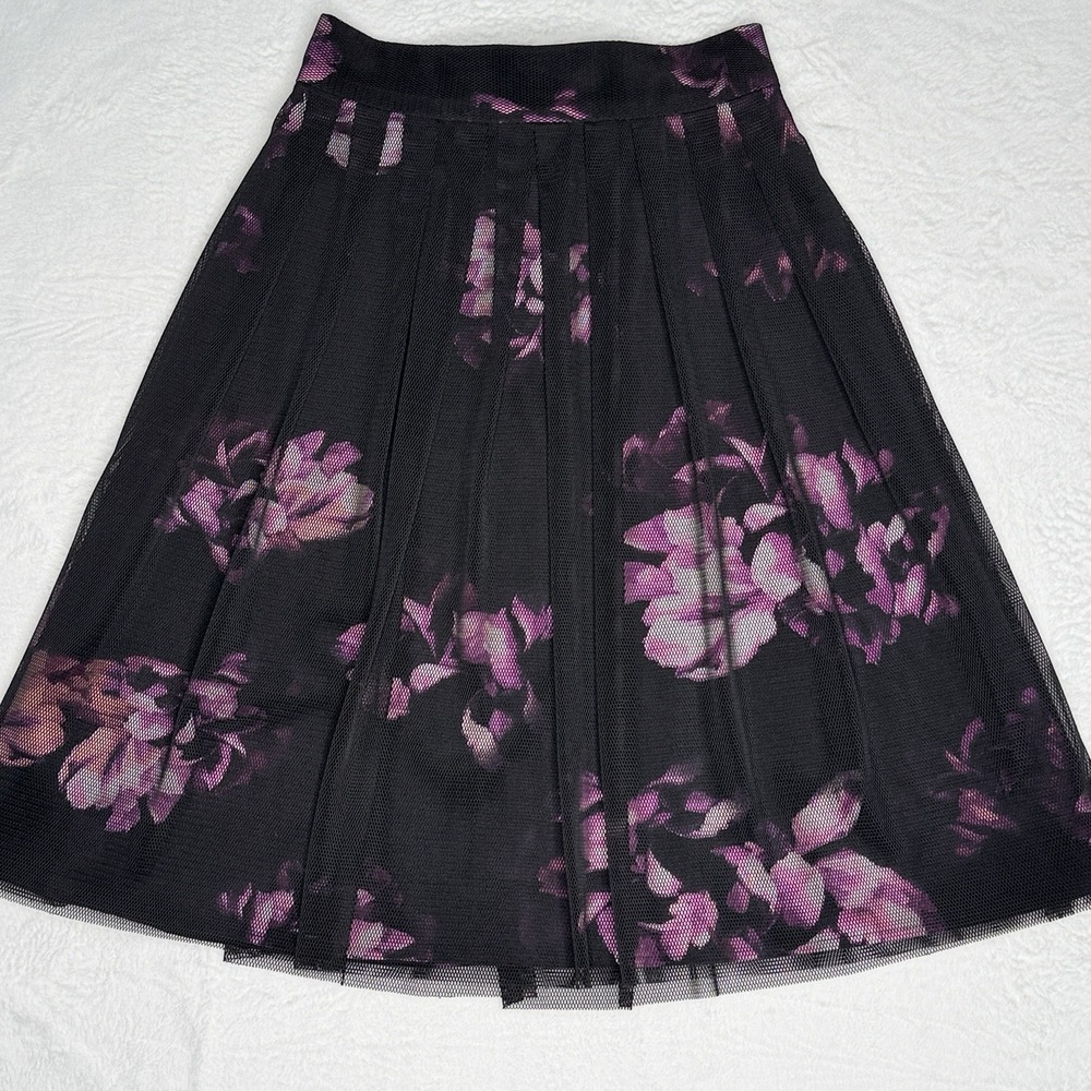 Antonio Melani Floral Mesh Overlay Pleated Midi Skirt Black Pink Women's Size 2